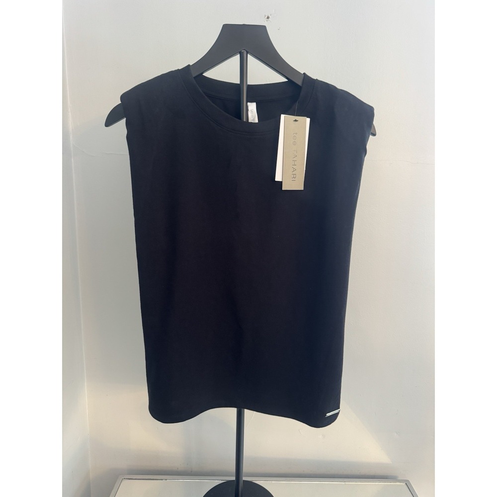 NWT Tee Tahari‎ Black Padded Shoulder Tee Top Stretch Cotton Modal Size S Petite